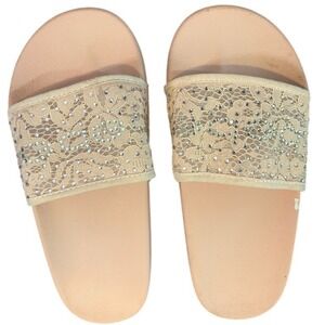 bebe Girls Slide Sandals Beige Lace Rhinestone Bling Slip-On Size 6